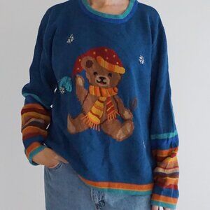 Vintage Sag Harbor Blue Teddy Bear Snowflake Intarsia Sweater Cotton Blend XL